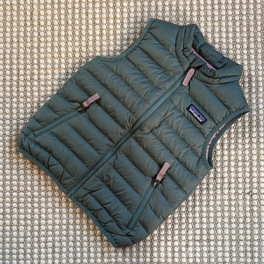 Patagonia Kids Quilted Down Vest in Teal with Pink Accents